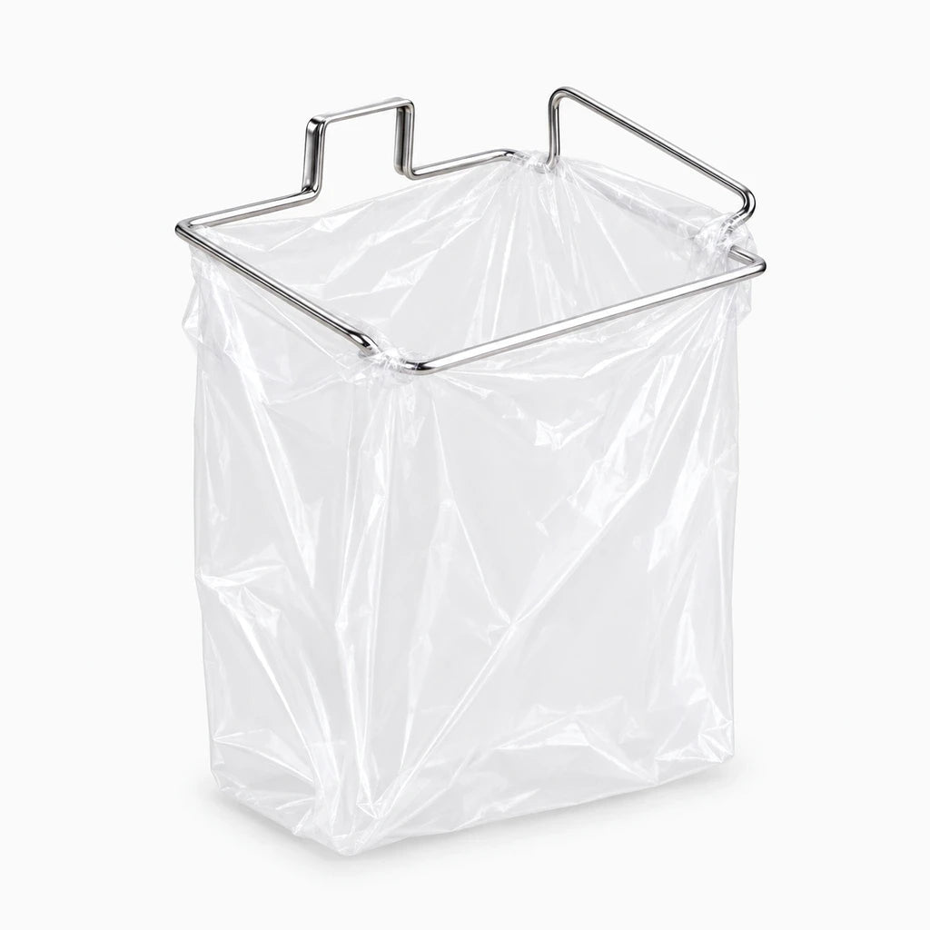 Support de sac poubelle inox avec un sac en place