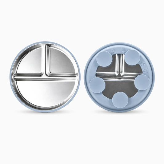 Assiette inox bébé avec ventouse anti-renversement et compartiments de portions