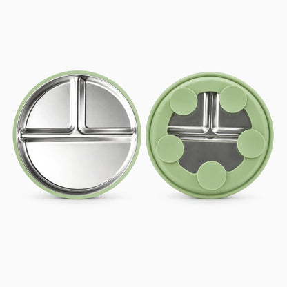 Assiette bébé en inox dotée d'un rebord silicone protecteur pour la table