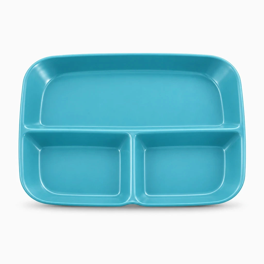 Assiette plastique dur résistante, trois sections pour éviter mélange saveurs