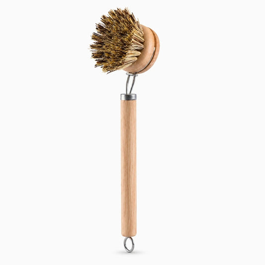 Brosse cuisine en bois avec manche robuste et poils souples pour nettoyer ustensiles sans rayer