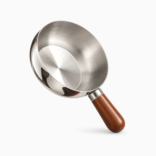 Casserole pour induction en acier inoxydable avec manche en bois, base épaisse pour répartition uniforme de la chaleur