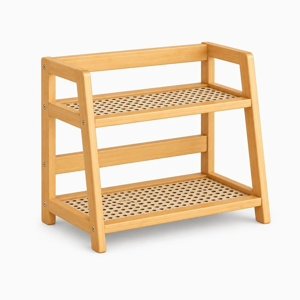 Étagère cuisine pour épices en bois et rotin, rangement compact sur plan de travail