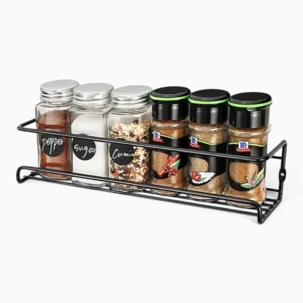 Rangement épices cuisine pratique en métal gris avec accès immédiat aux flacons