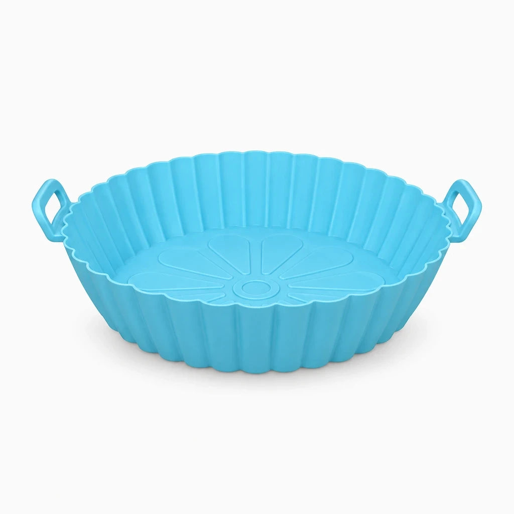 Moule silicone air fryer bleu épousant le panier de cuisson
