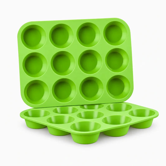 Moules à muffin silicone avec 12 empreintes rondes, surface antiadhésive, couleur neutre