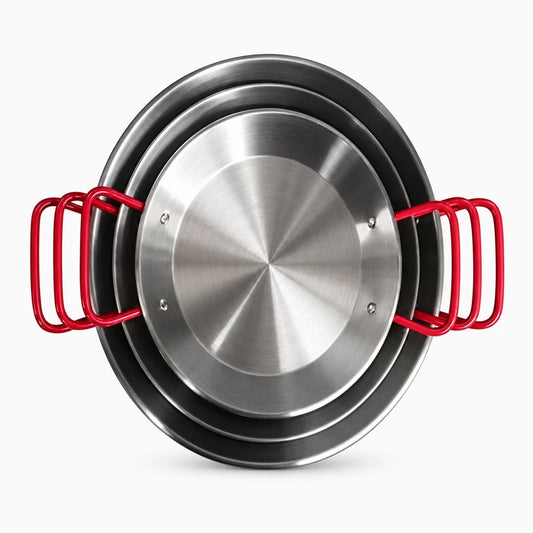 Poêle à paella en acier inoxydable avec fond plat pour cuisson homogène, vue de dessus