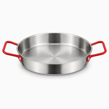 Poêles à paella en inox brillant, détail de la structure et des rebords hauts