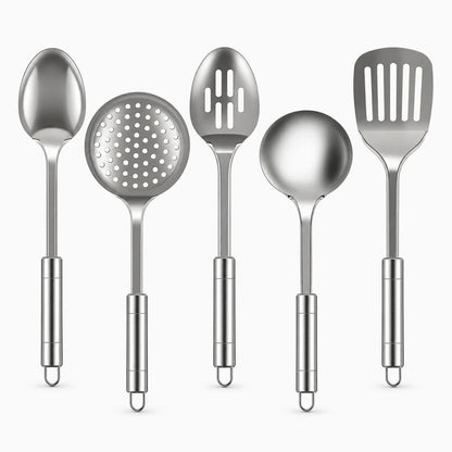 Set de cinq ustensiles de cuisine en acier inoxydable avec cuillères et spatule à poignée ergonomique