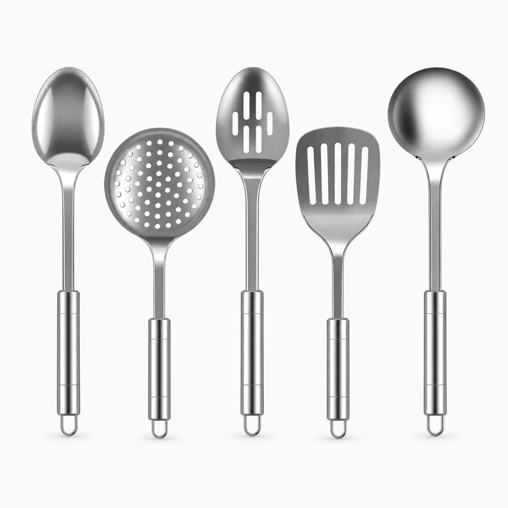 Ensemble d'ustensiles de cuisine inox résistants à l'usage intensif, faciles à nettoyer et ranger