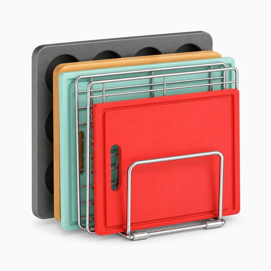 Porte-planches métallique stable maintenant les planches debout sans encombrement du plan de travail