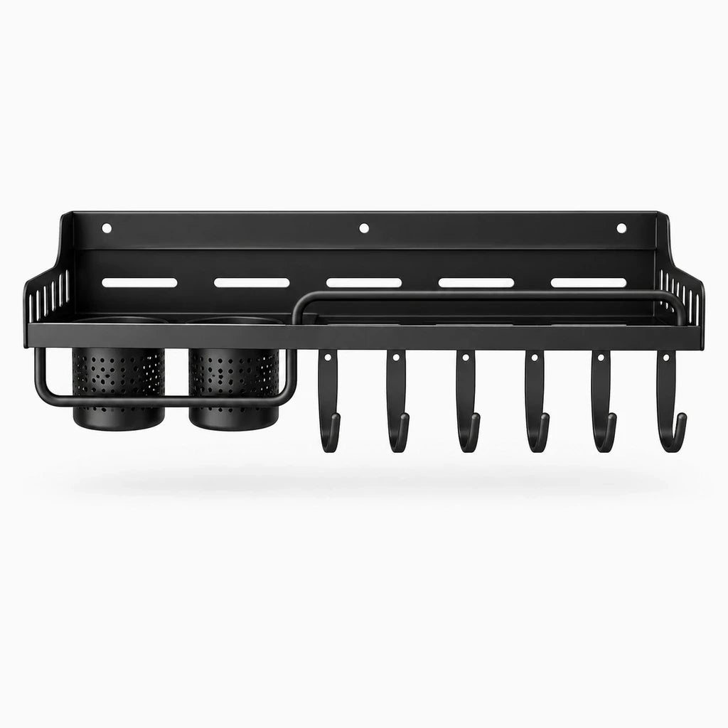 Support mural aluminium pour ustensiles cuisine avec godets simples et doubles, sans perçage