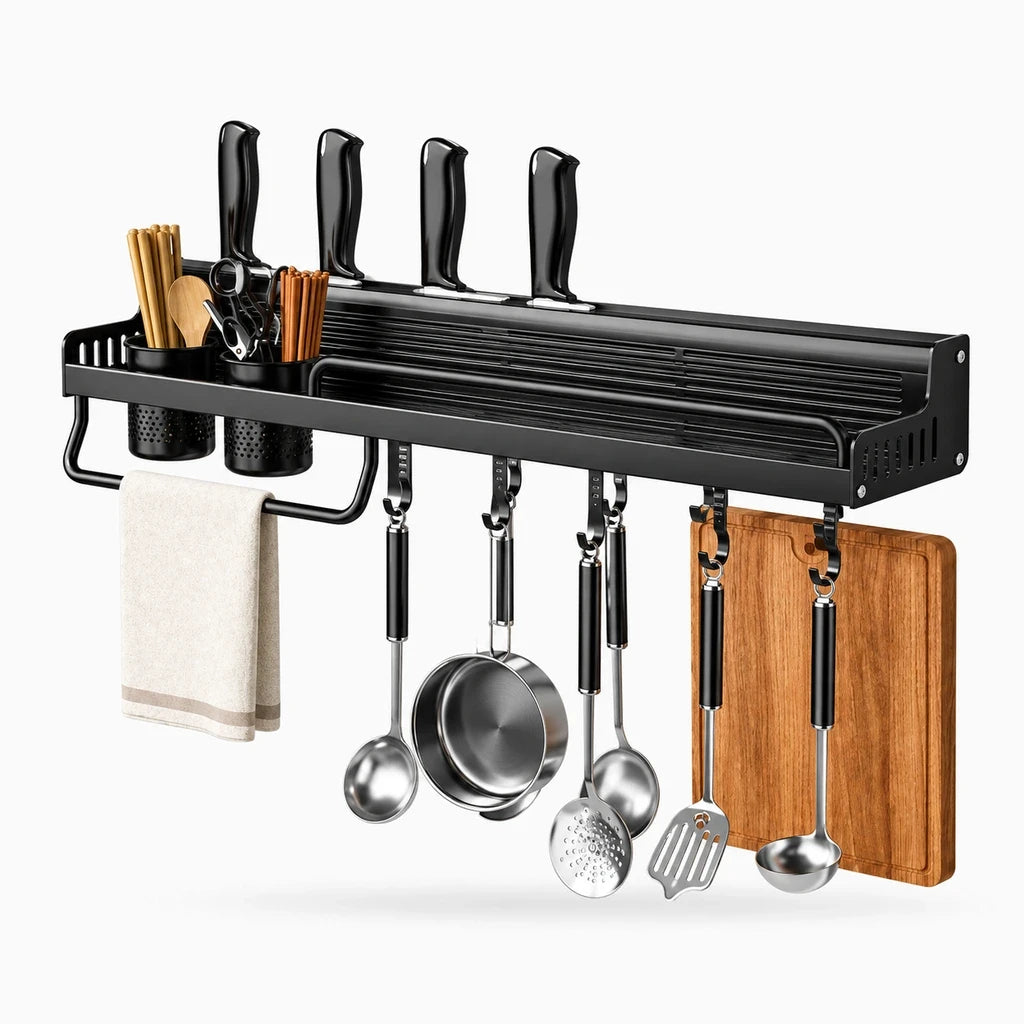 Support ustensiles cuisine léger en aluminium libérant le plan de travail avec installation sans perçage