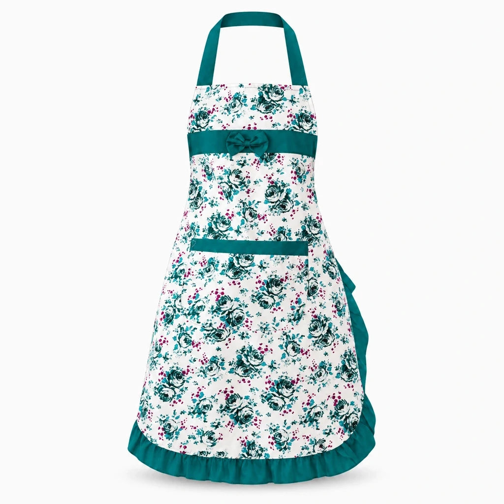 Tablier cuisine pour femme avec imprimé floral et ceinture réglable protégeant les vêtements