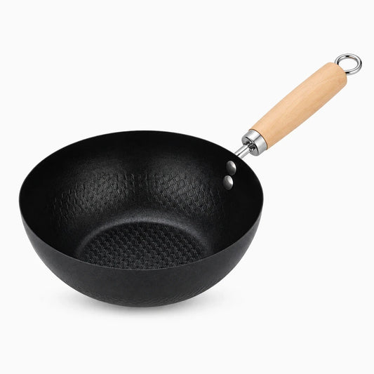 Wok cuisine en fer brut à fond plat, stable sur plaque de cuisson induction